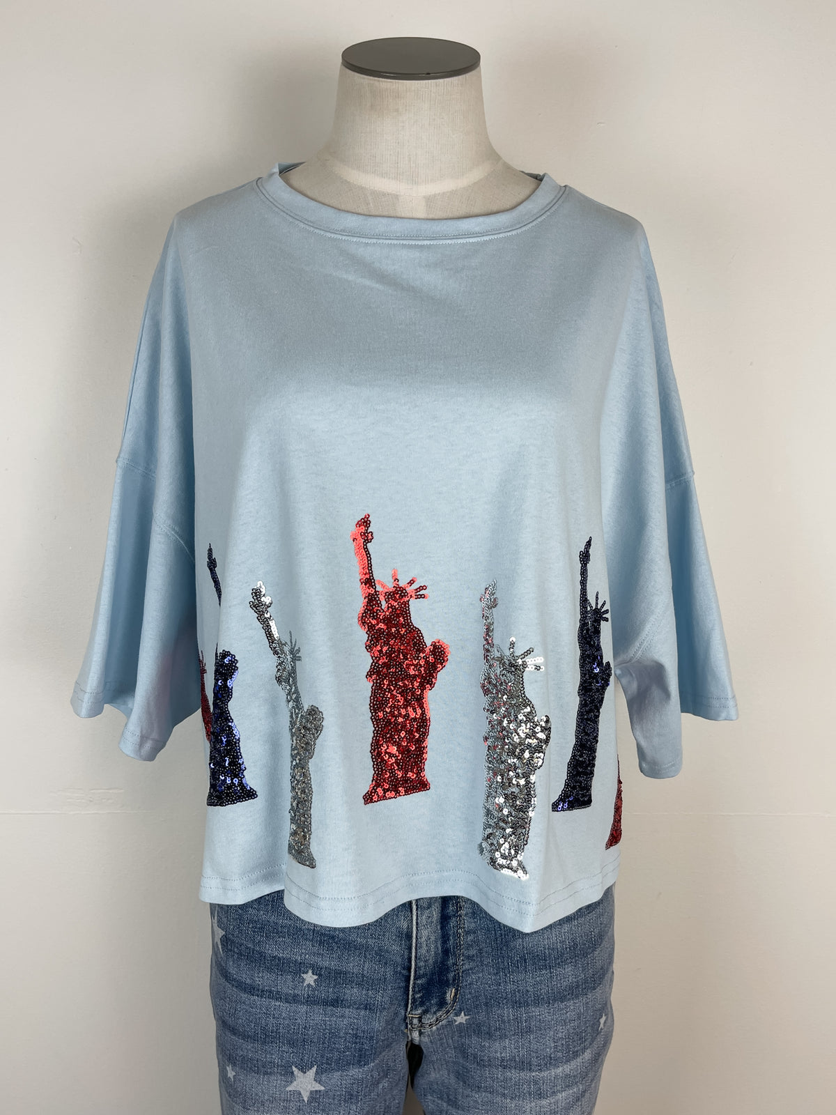 Ariel Statue of Liberty Sequin Tee in Baby Blue