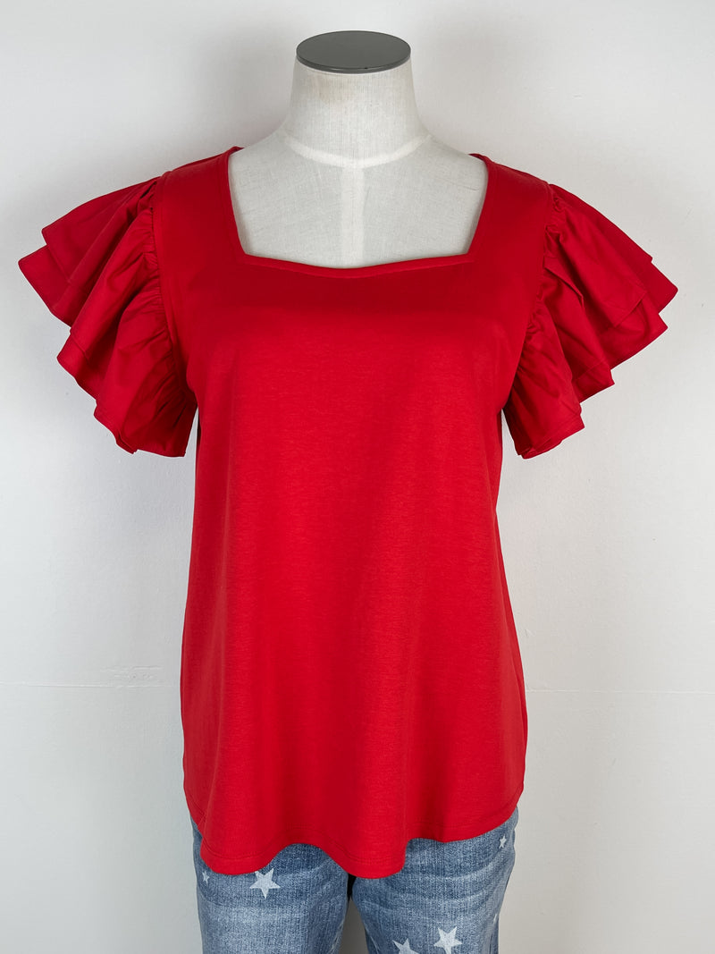Annie Ruffle Sleeve Top in Red
