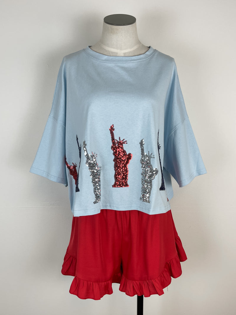 Ariel Statue of Liberty Sequin Tee in Baby Blue