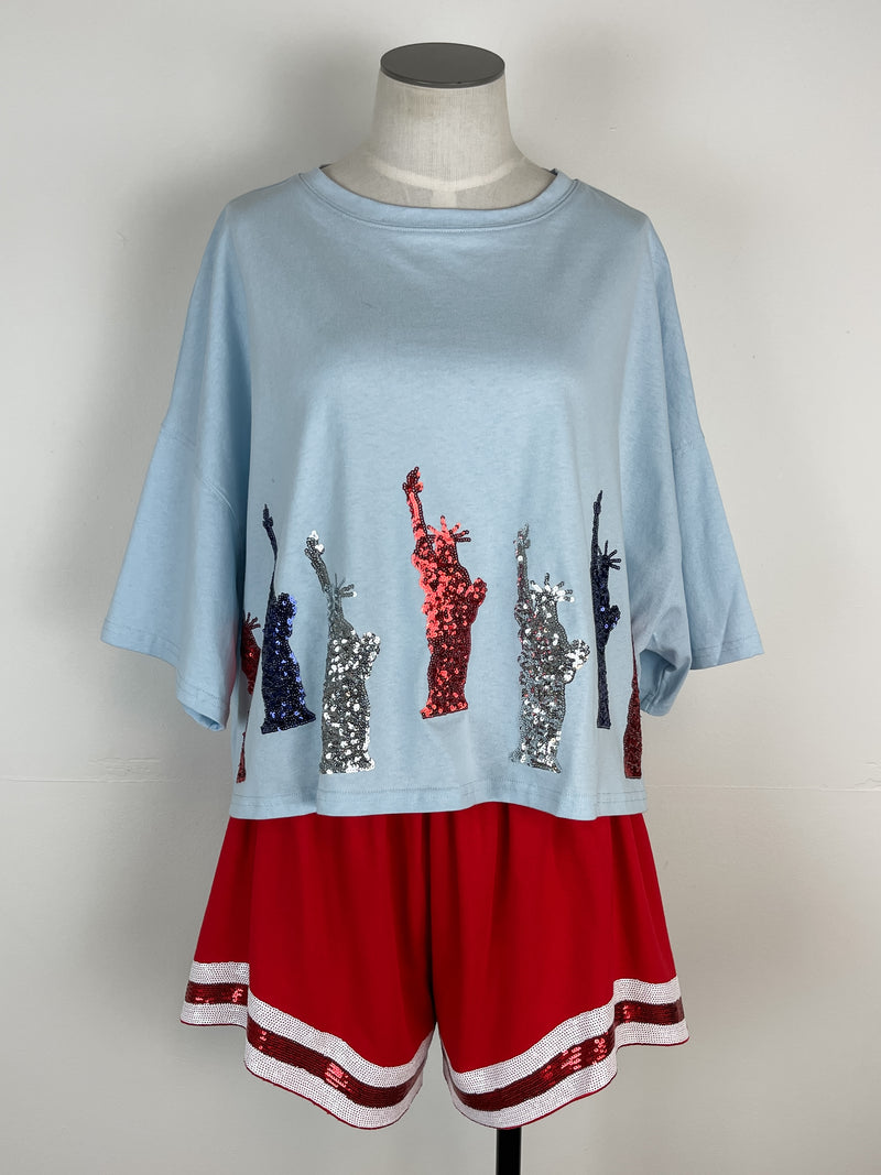 Ariel Statue of Liberty Sequin Tee in Baby Blue