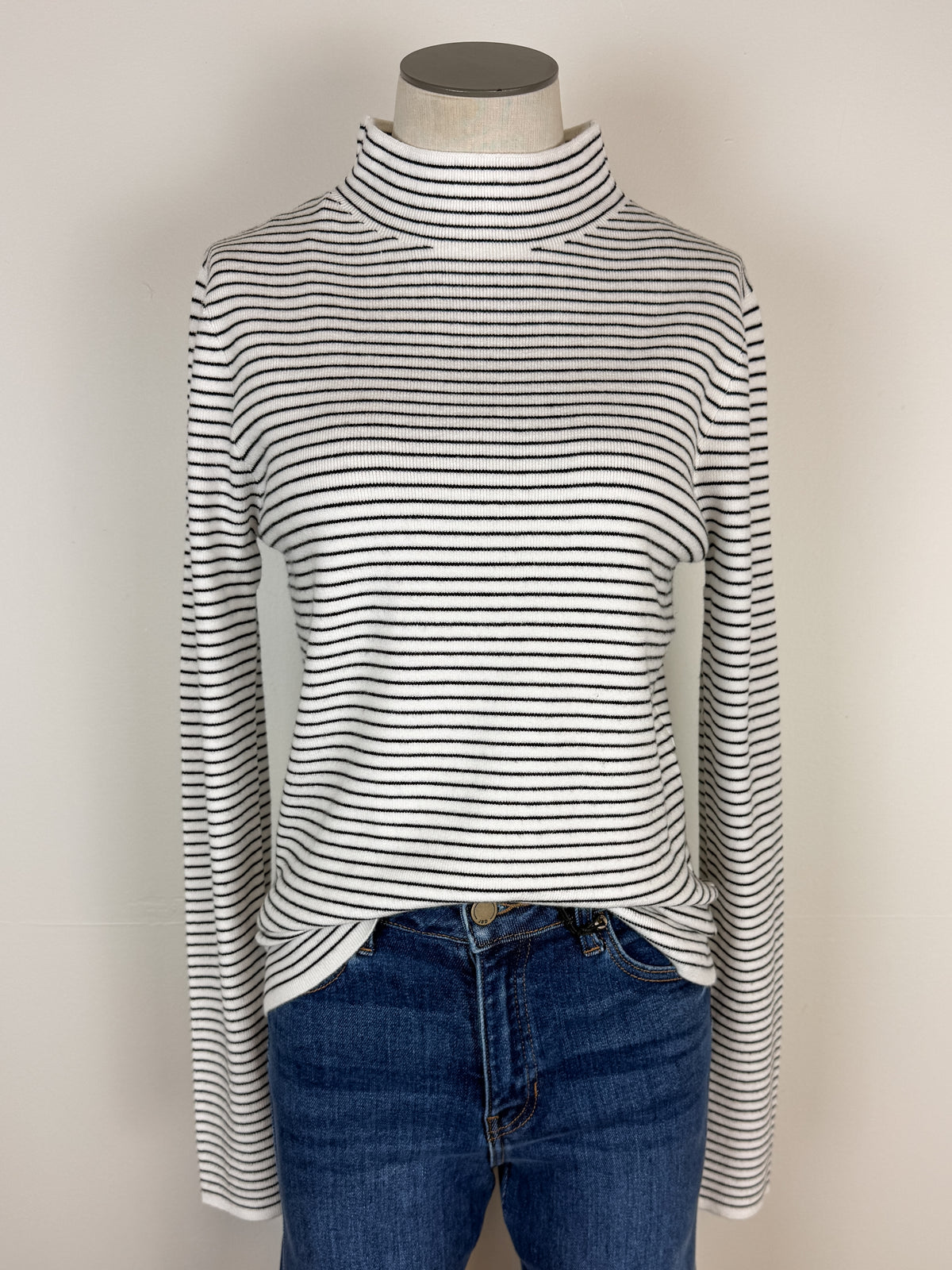 Ruthie Striped Mock Neck Sweater in Black/Ivory