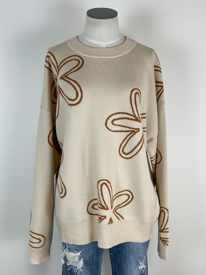 Marnie Floral Printed Sweater in Cream/Tan