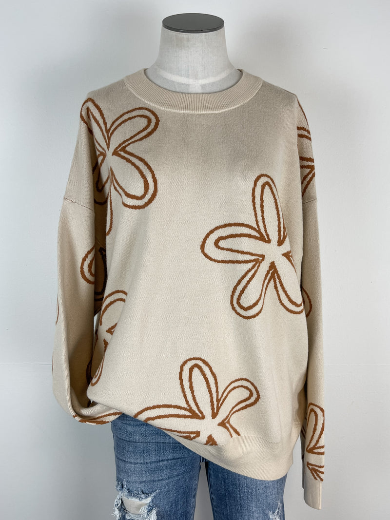 Marnie Floral Printed Sweater in Cream/Tan