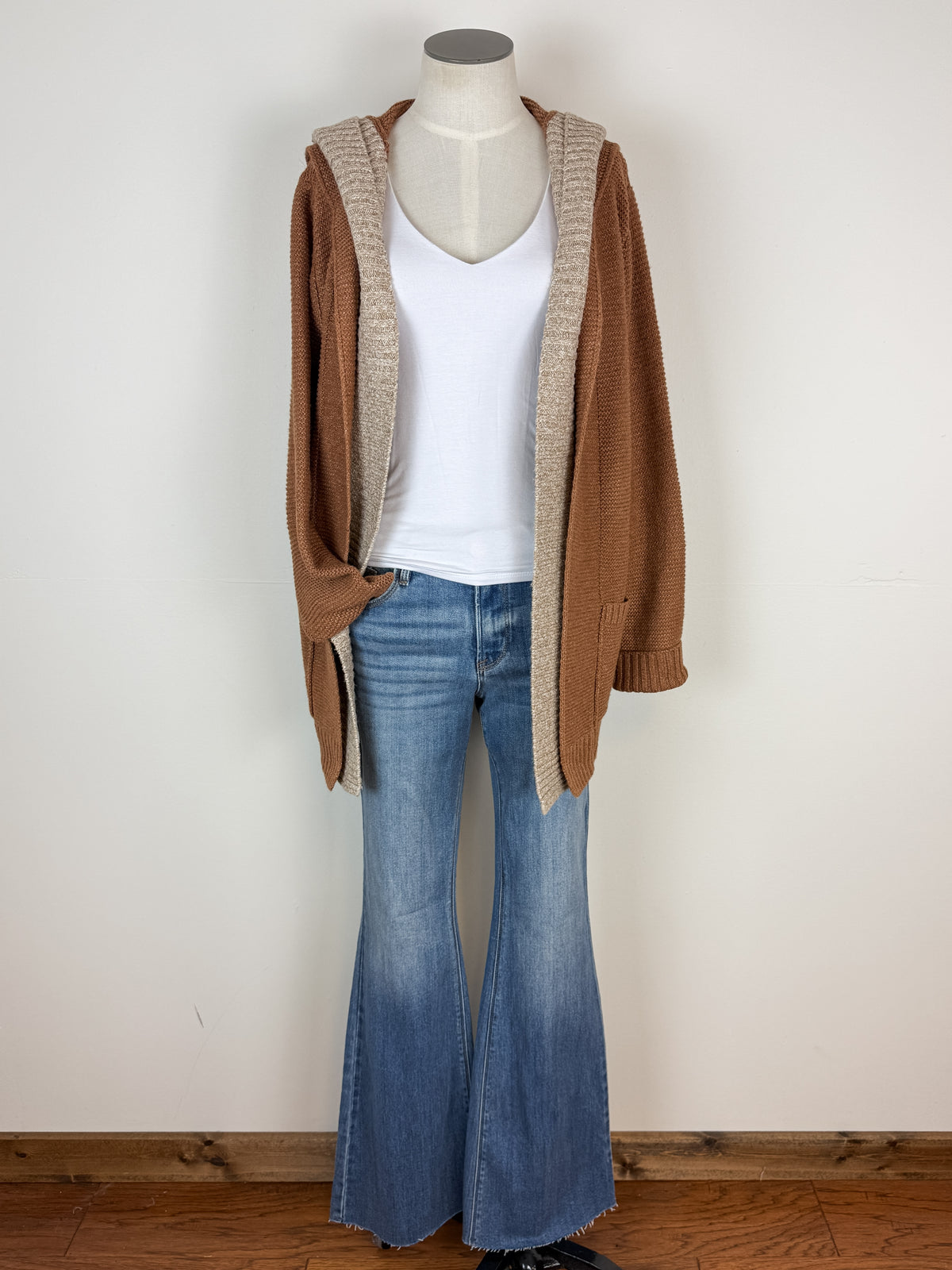 Darcy Contrast Hooded Cardigan in Camel