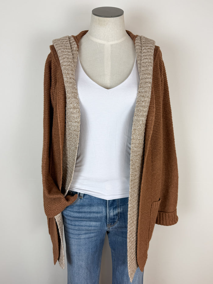 Darcy Contrast Hooded Cardigan in Camel