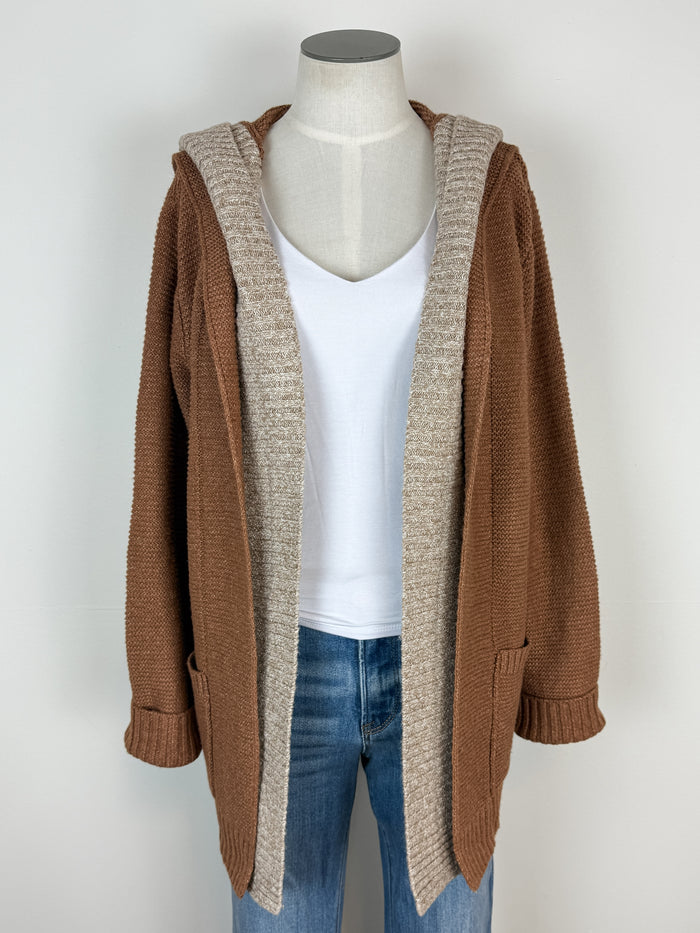 Darcy Contrast Hooded Cardigan in Camel