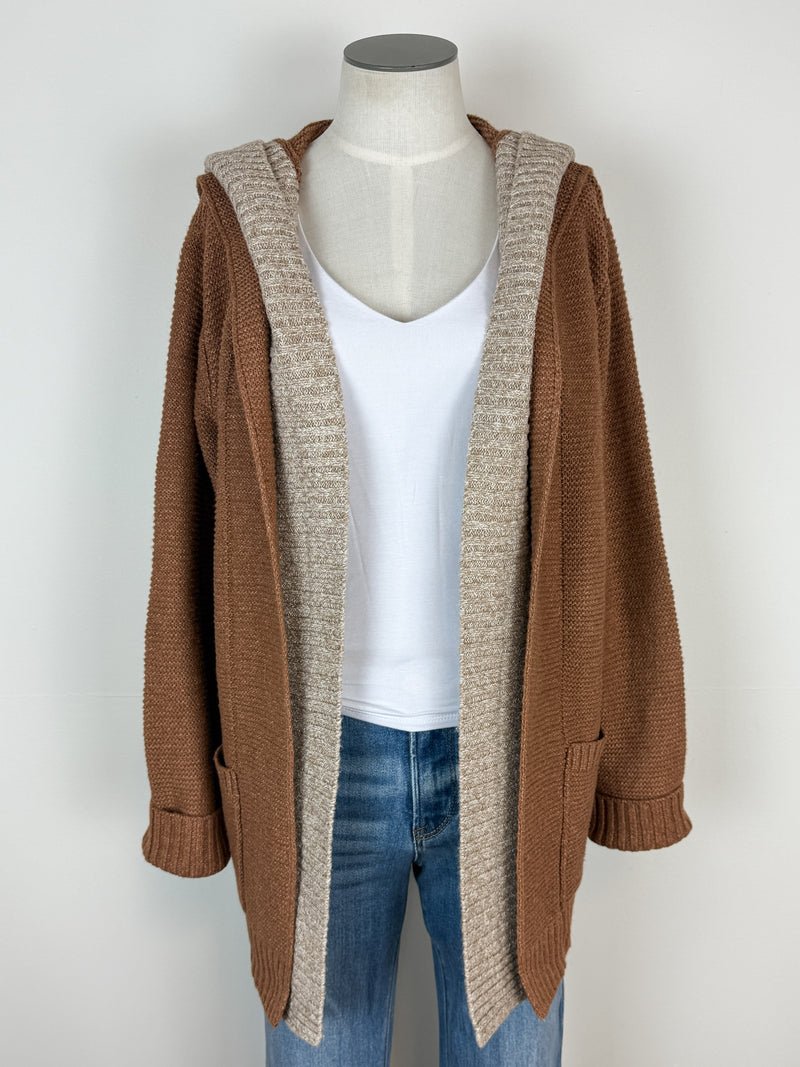 Darcy Contrast Hooded Cardigan in Camel