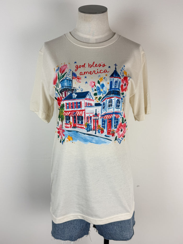 Watercolor God Bless America Tee in Natural