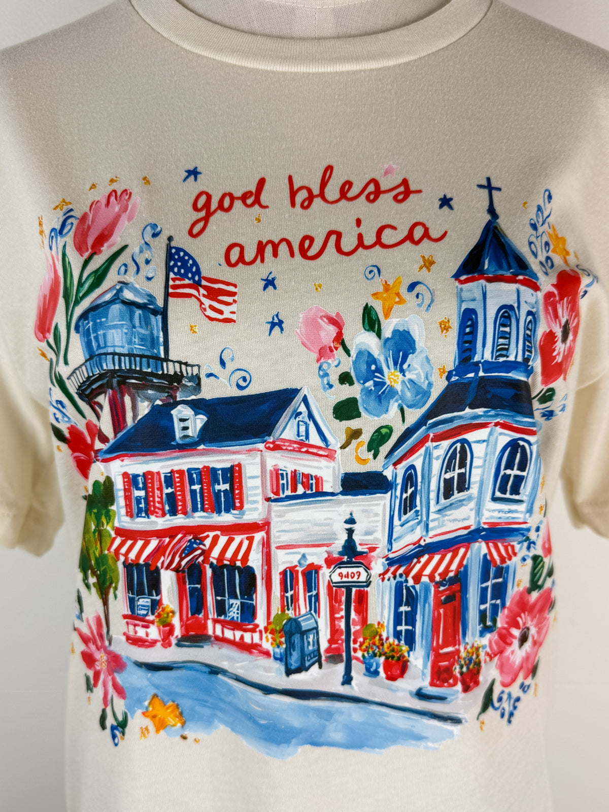 Watercolor God Bless America Tee in Natural