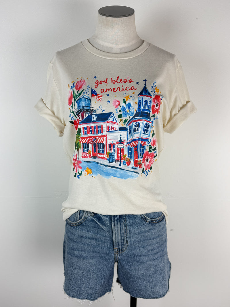 Watercolor God Bless America Tee in Natural