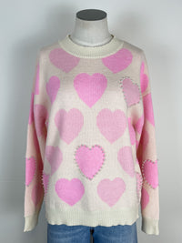 Heidi Pearl and Heart Sweater in Ivory/Pink