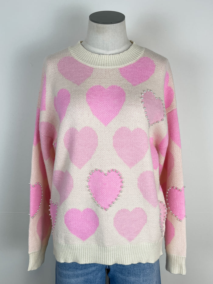 Heidi Pearl and Heart Sweater in Ivory/Pink