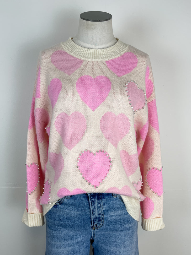 Heidi Pearl and Heart Sweater in Ivory/Pink