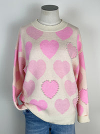 Heidi Pearl and Heart Sweater in Ivory/Pink