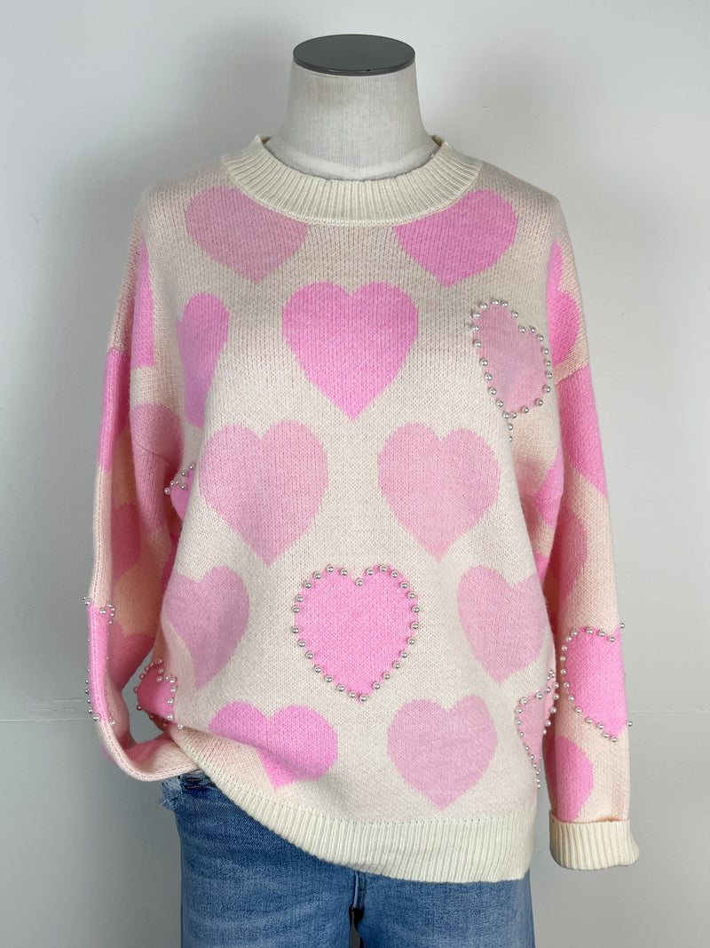 Heidi Pearl and Heart Sweater in Ivory/Pink