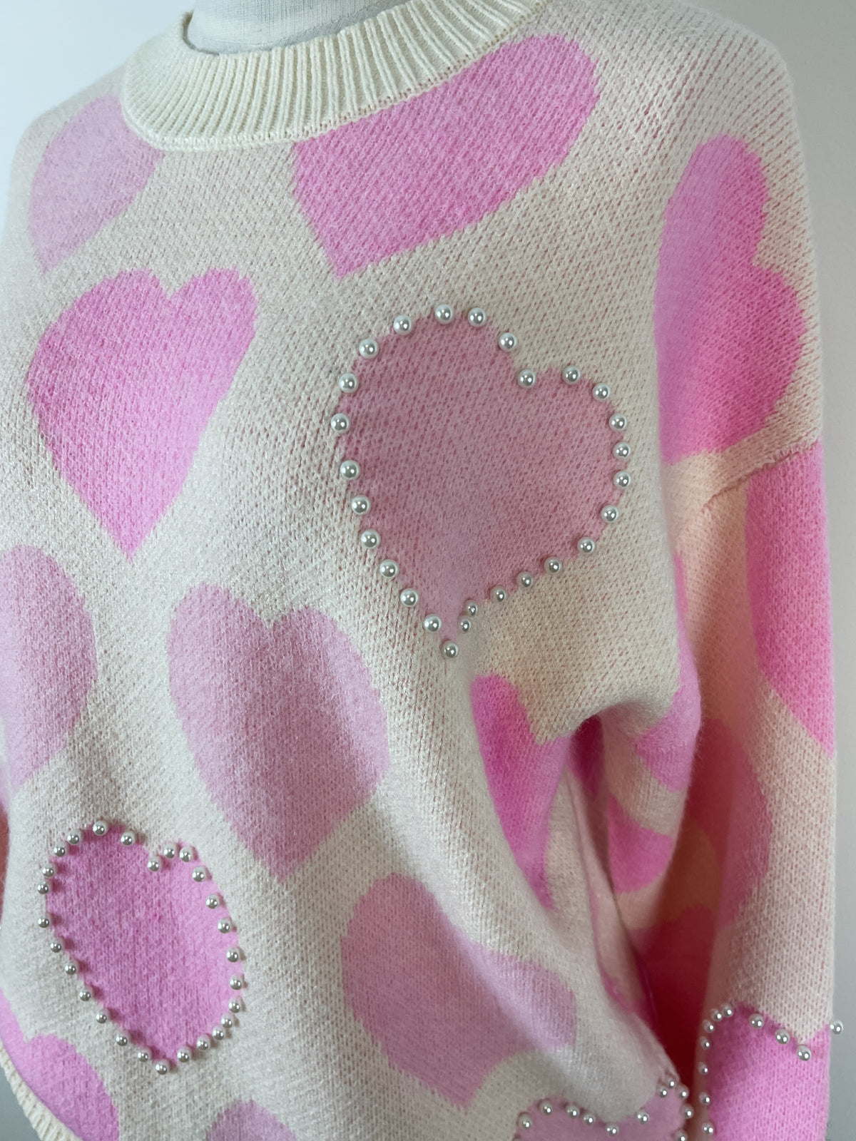 Heidi Pearl and Heart Sweater in Ivory/Pink