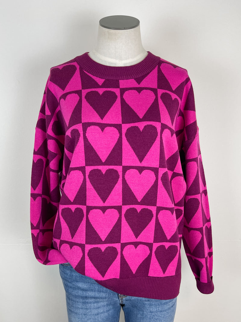 Briella Checkered Heart Sweater in Magenta