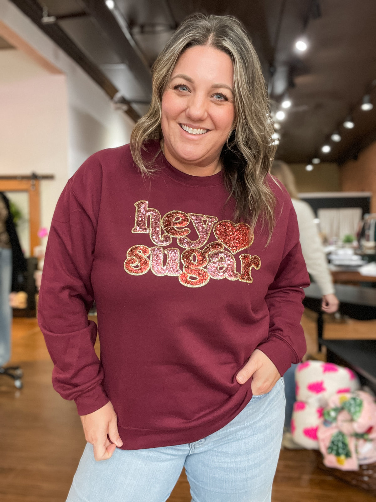 Hey Sugar Sequin Patch Sweatshirt in Maroon