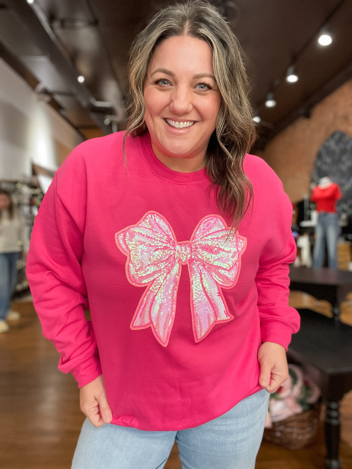 Sequin Bow Patch Sweatshirt in Hot Pink