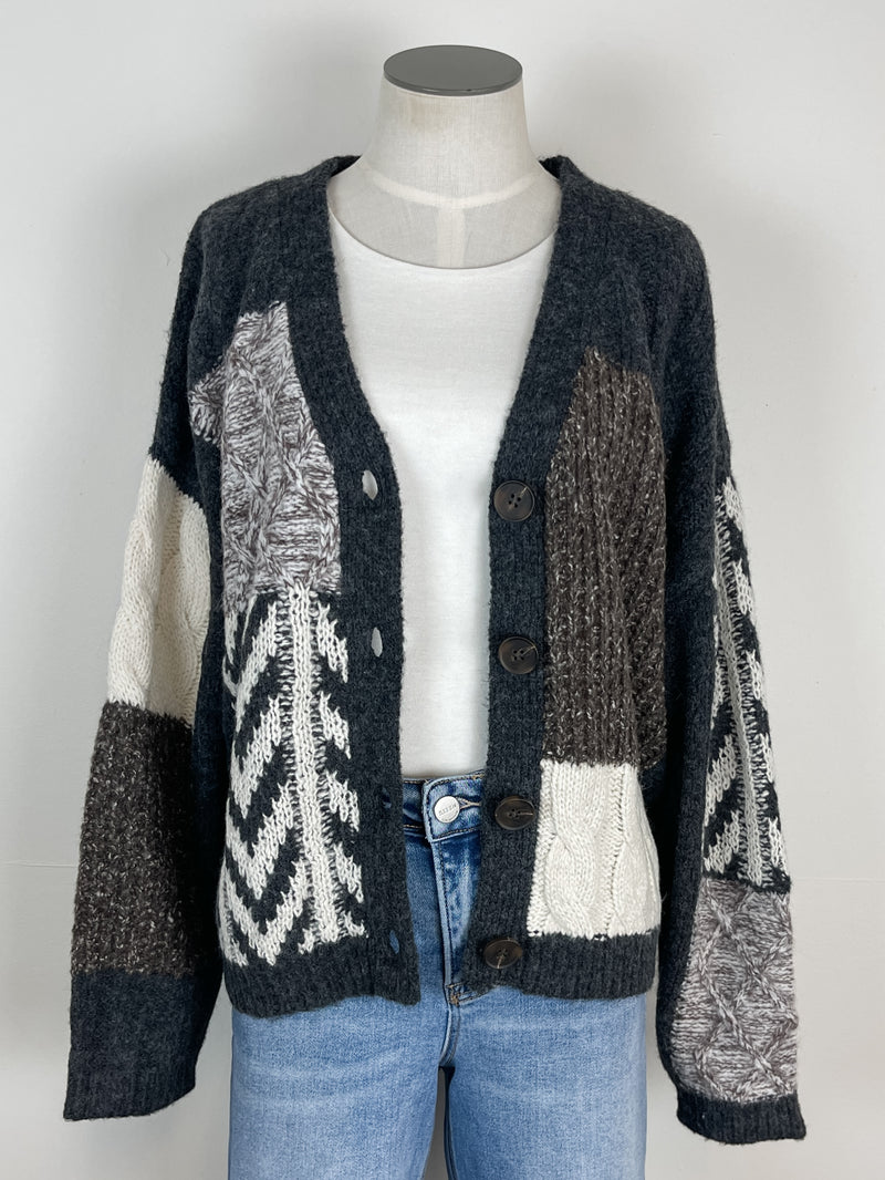 Emory Patchwork Cable Knit Cardigan in Charcoal Multi