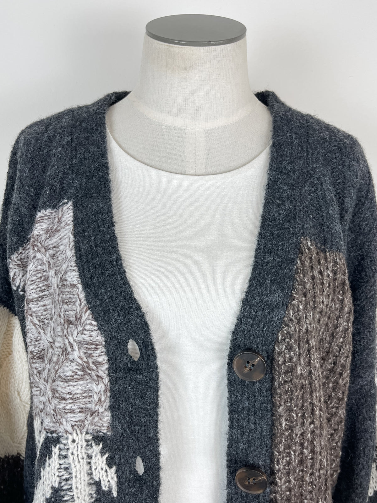 Emory Patchwork Cable Knit Cardigan in Charcoal Multi