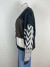 Emory Patchwork Cable Knit Cardigan in Charcoal Multi