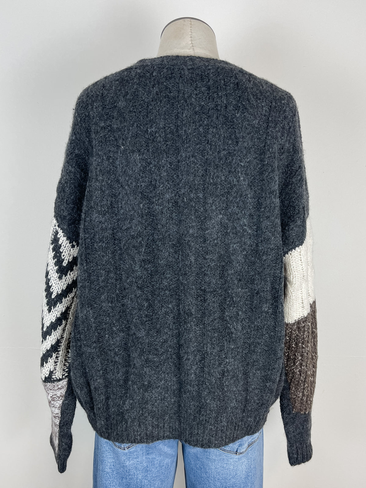 Emory Patchwork Cable Knit Cardigan in Charcoal Multi