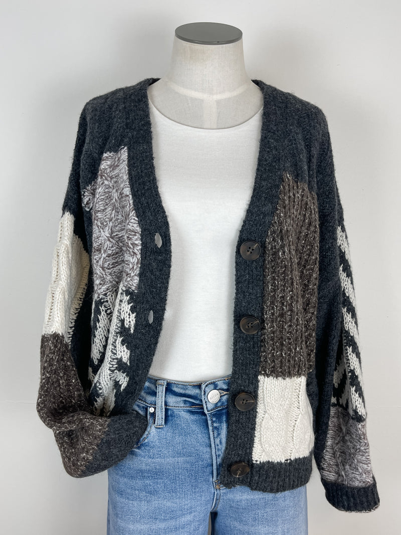 Emory Patchwork Cable Knit Cardigan in Charcoal Multi