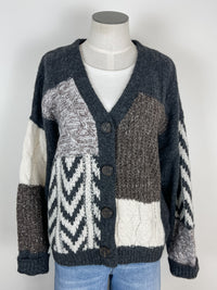 Emory Patchwork Cable Knit Cardigan in Charcoal Multi