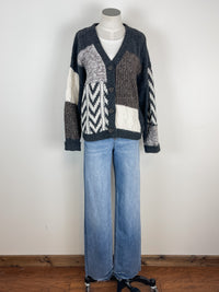 Emory Patchwork Cable Knit Cardigan in Charcoal Multi