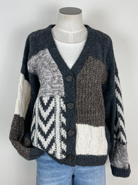 Emory Patchwork Cable Knit Cardigan in Charcoal Multi