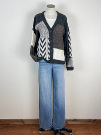 Emory Patchwork Cable Knit Cardigan in Charcoal Multi