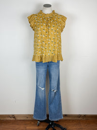 Emma Eyelet and Floral Ruffle Sleeve Top in Mustard