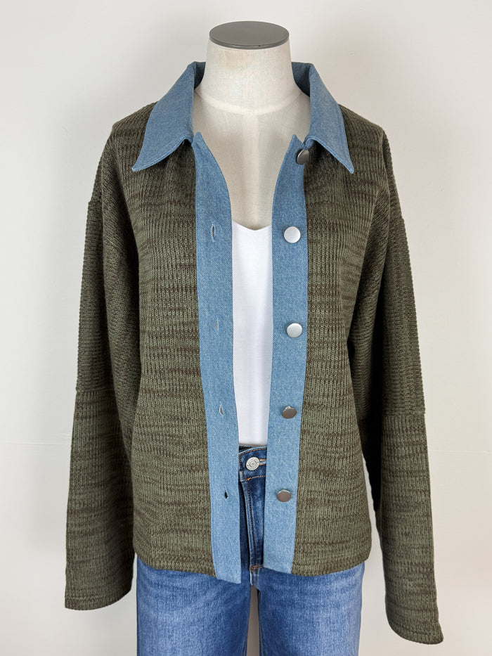 Nora Denim Contrast Button Up Sweater in Olive