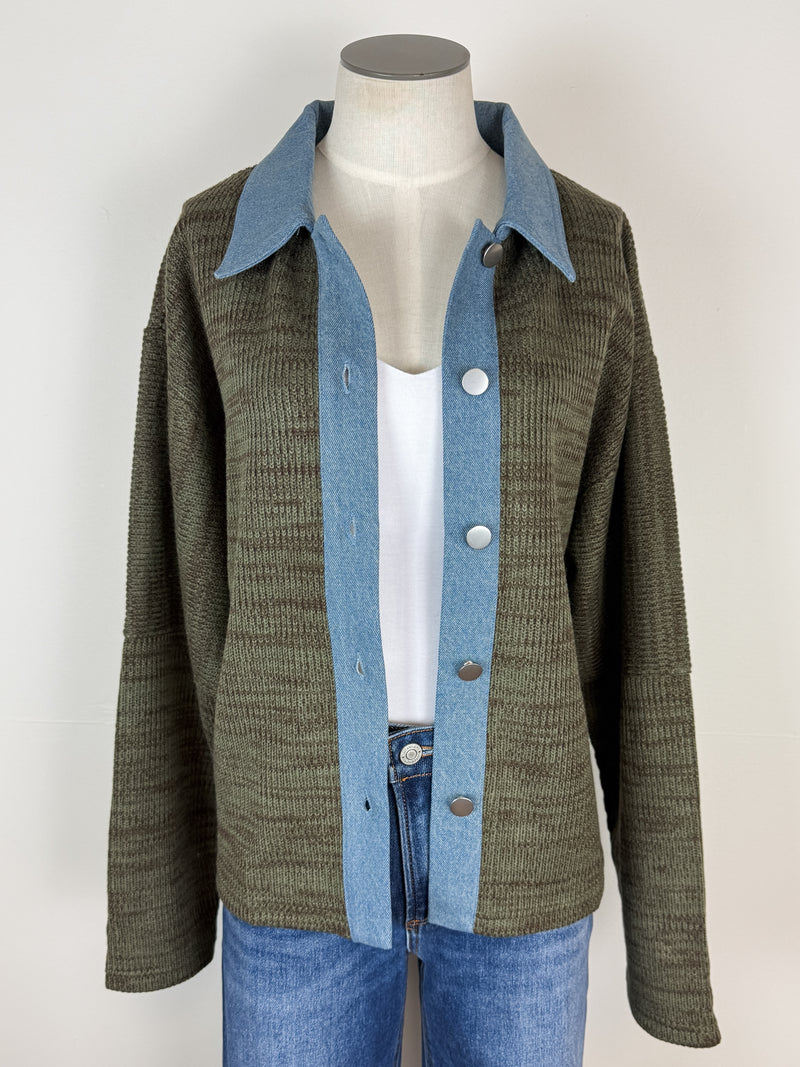 Nora Denim Contrast Button Up Sweater in Olive