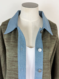 Nora Denim Contrast Button Up Sweater in Olive