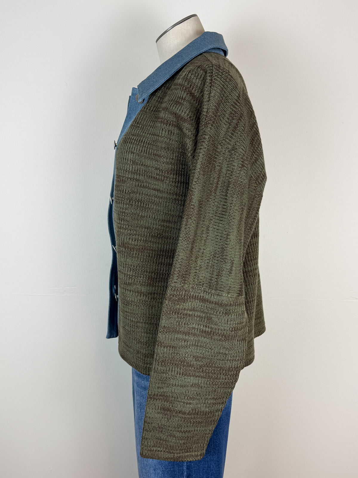 Nora Denim Contrast Button Up Sweater in Olive