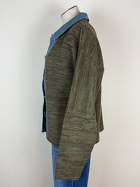 Nora Denim Contrast Button Up Sweater in Olive