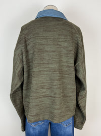 Nora Denim Contrast Button Up Sweater in Olive