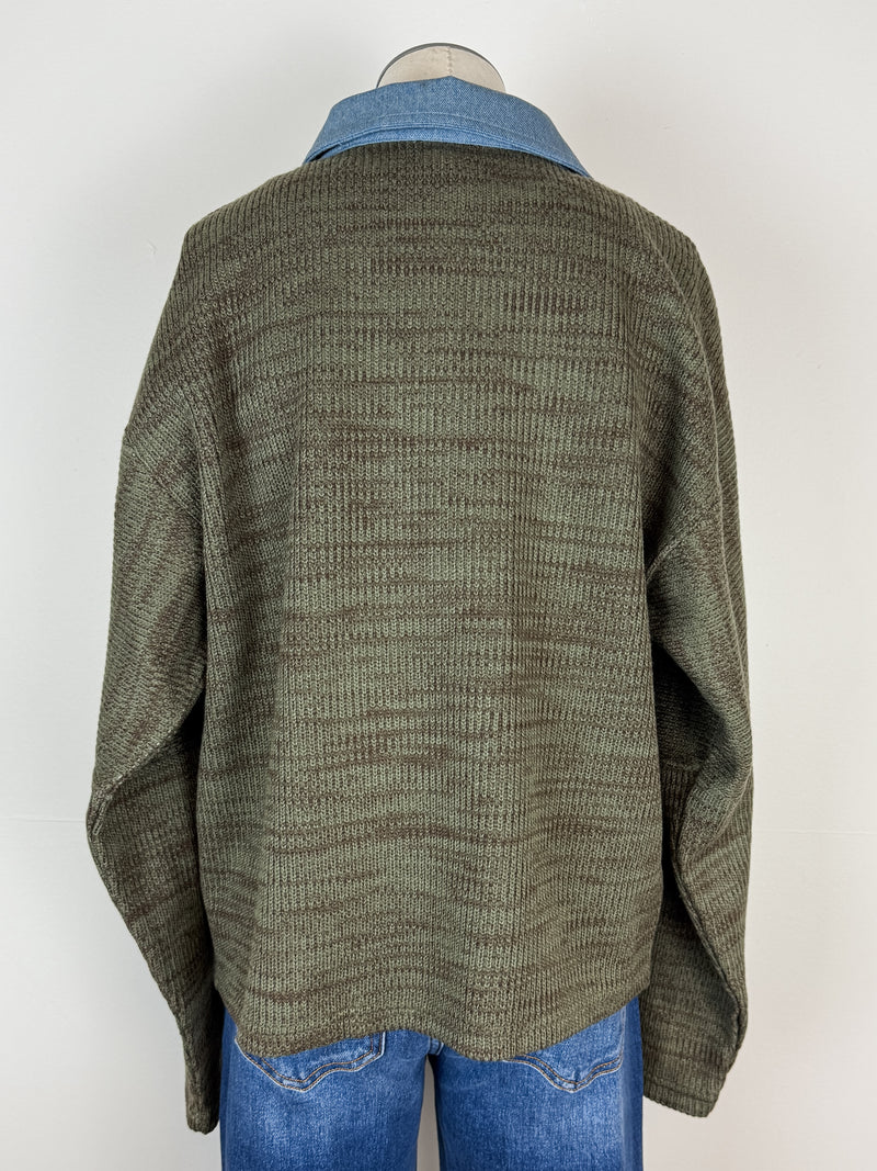 Nora Denim Contrast Button Up Sweater in Olive
