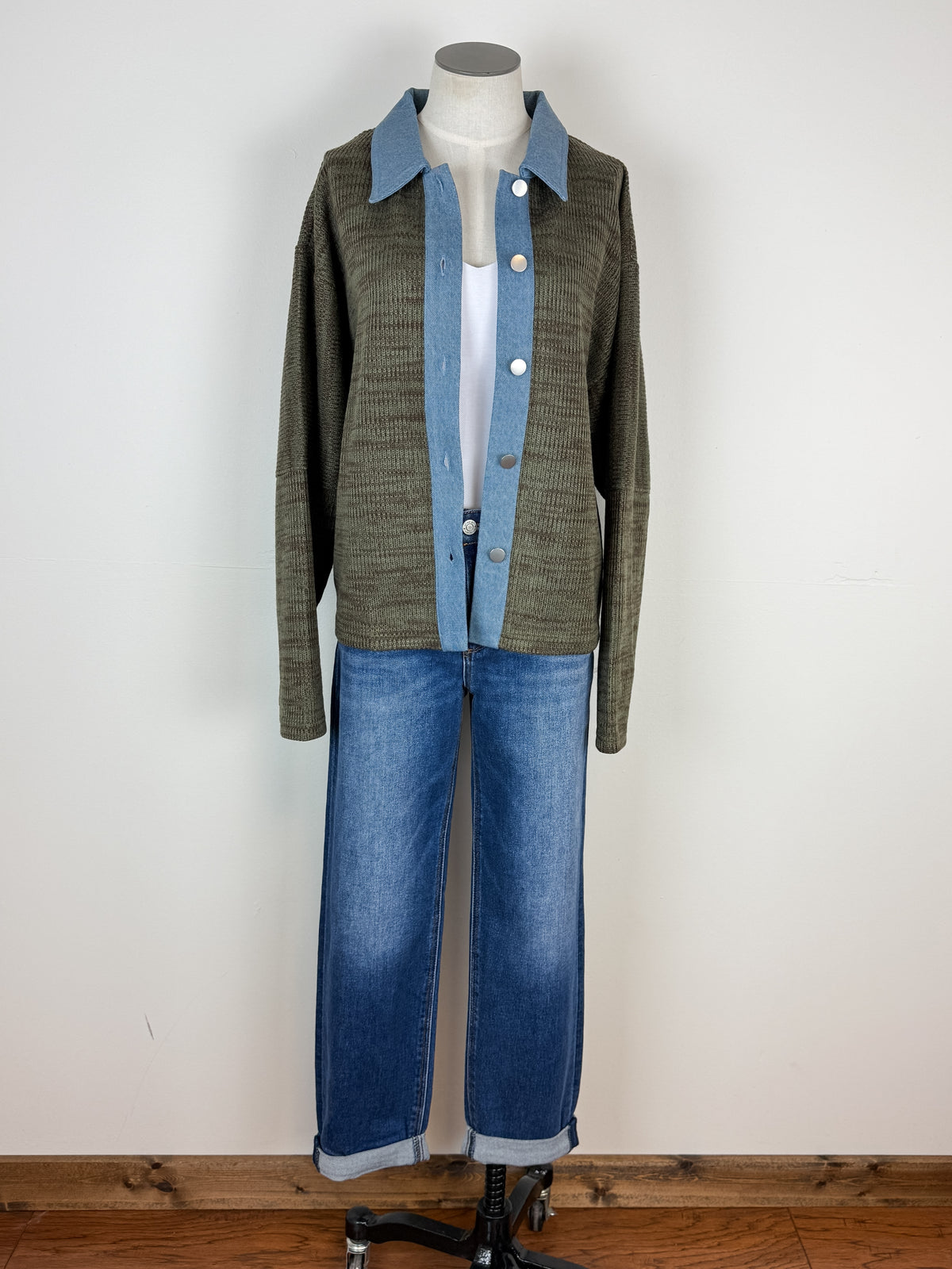 Nora Denim Contrast Button Up Sweater in Olive