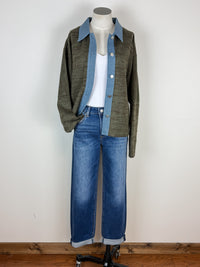 Nora Denim Contrast Button Up Sweater in Olive