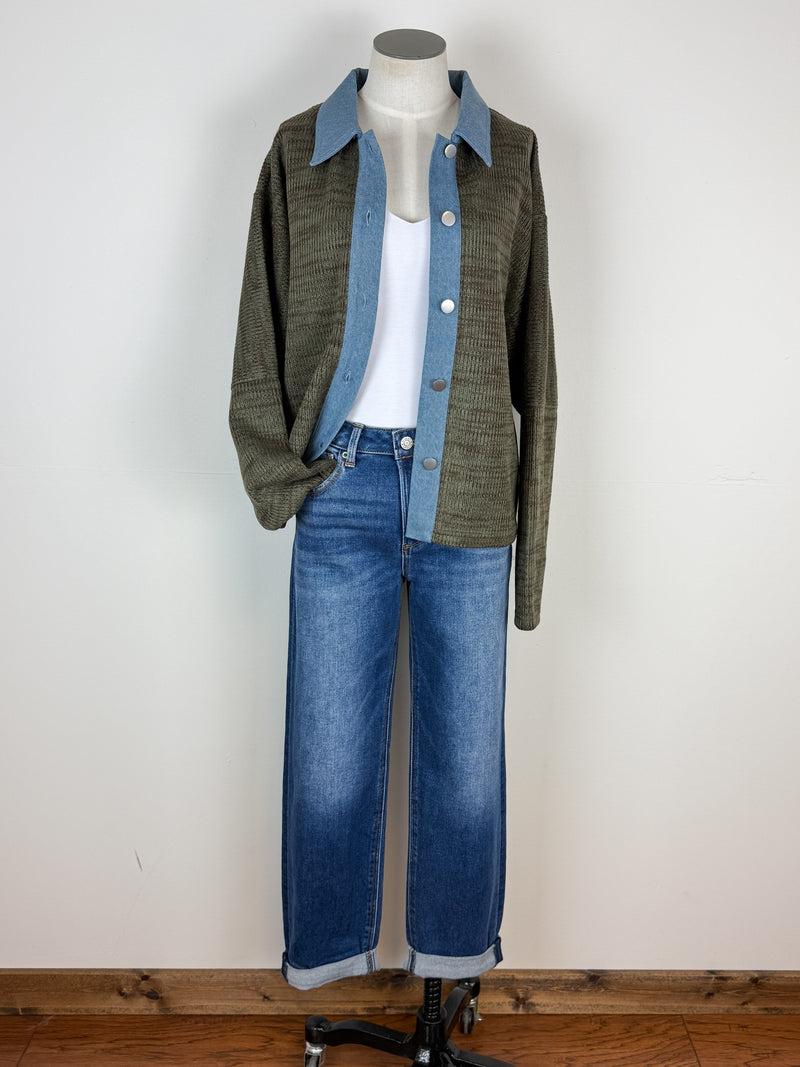 Nora Denim Contrast Button Up Sweater in Olive