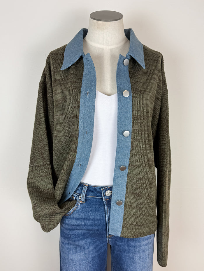 Nora Denim Contrast Button Up Sweater in Olive
