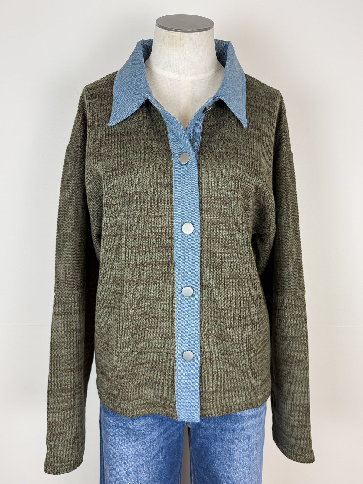 Nora Denim Contrast Button Up Sweater in Olive