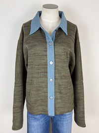 Nora Denim Contrast Button Up Sweater in Olive