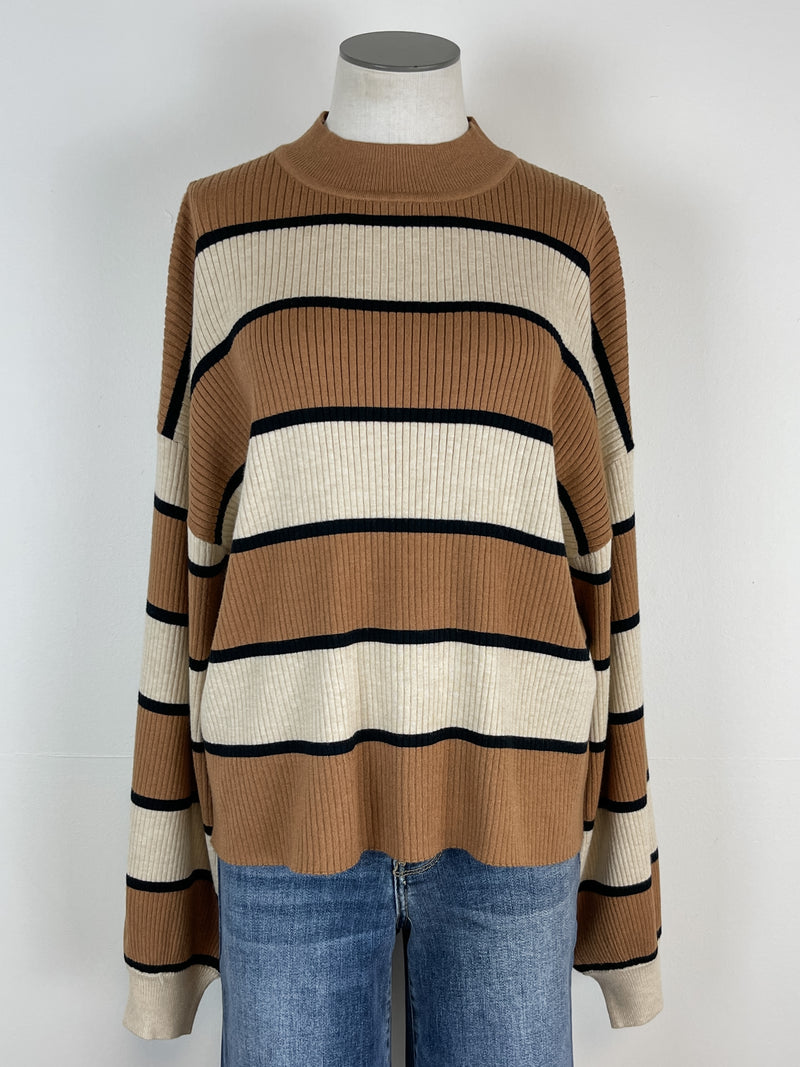 Kori Striped Mock Neck Sweater in Cream/Camel