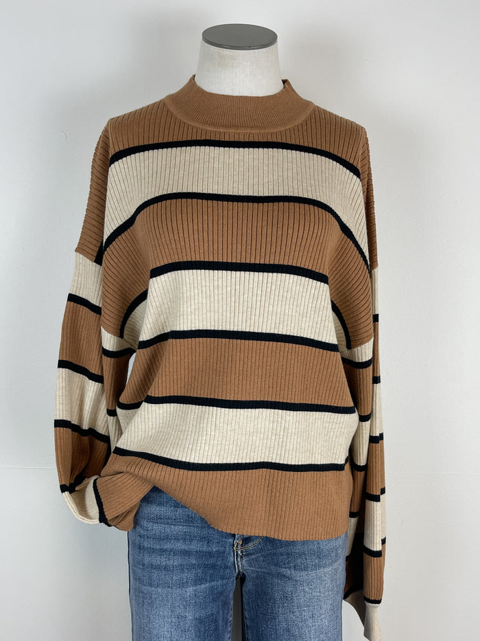 Kori Striped Mock Neck Sweater in Cream/Camel