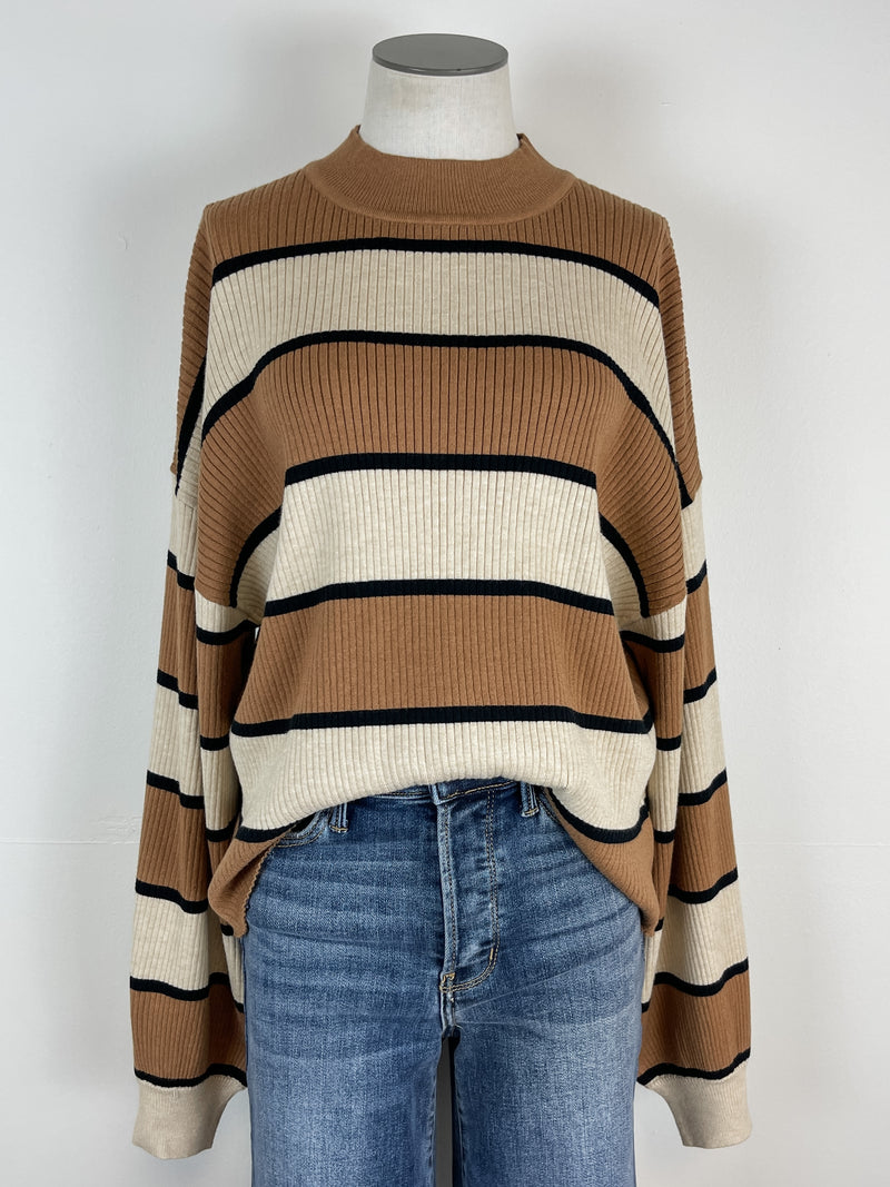 Kori Striped Mock Neck Sweater in Cream/Camel