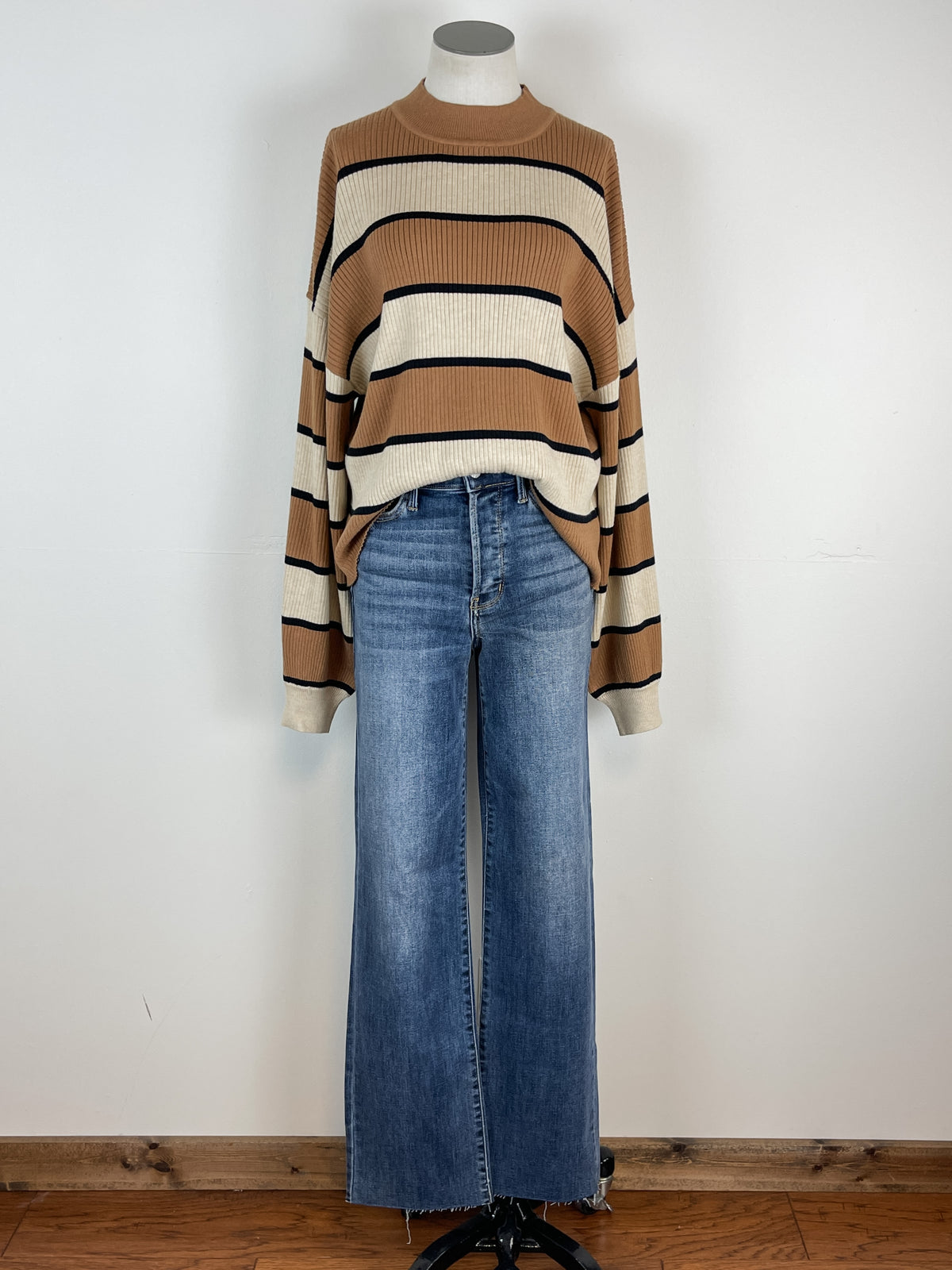 Kori Striped Mock Neck Sweater in Cream/Camel
